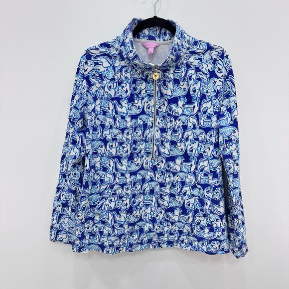 Lilly Pulitzer UPF 50+ Skipper Printed Popover Get Trunky Elephsnt blue white Lg - Picture 2 of 6